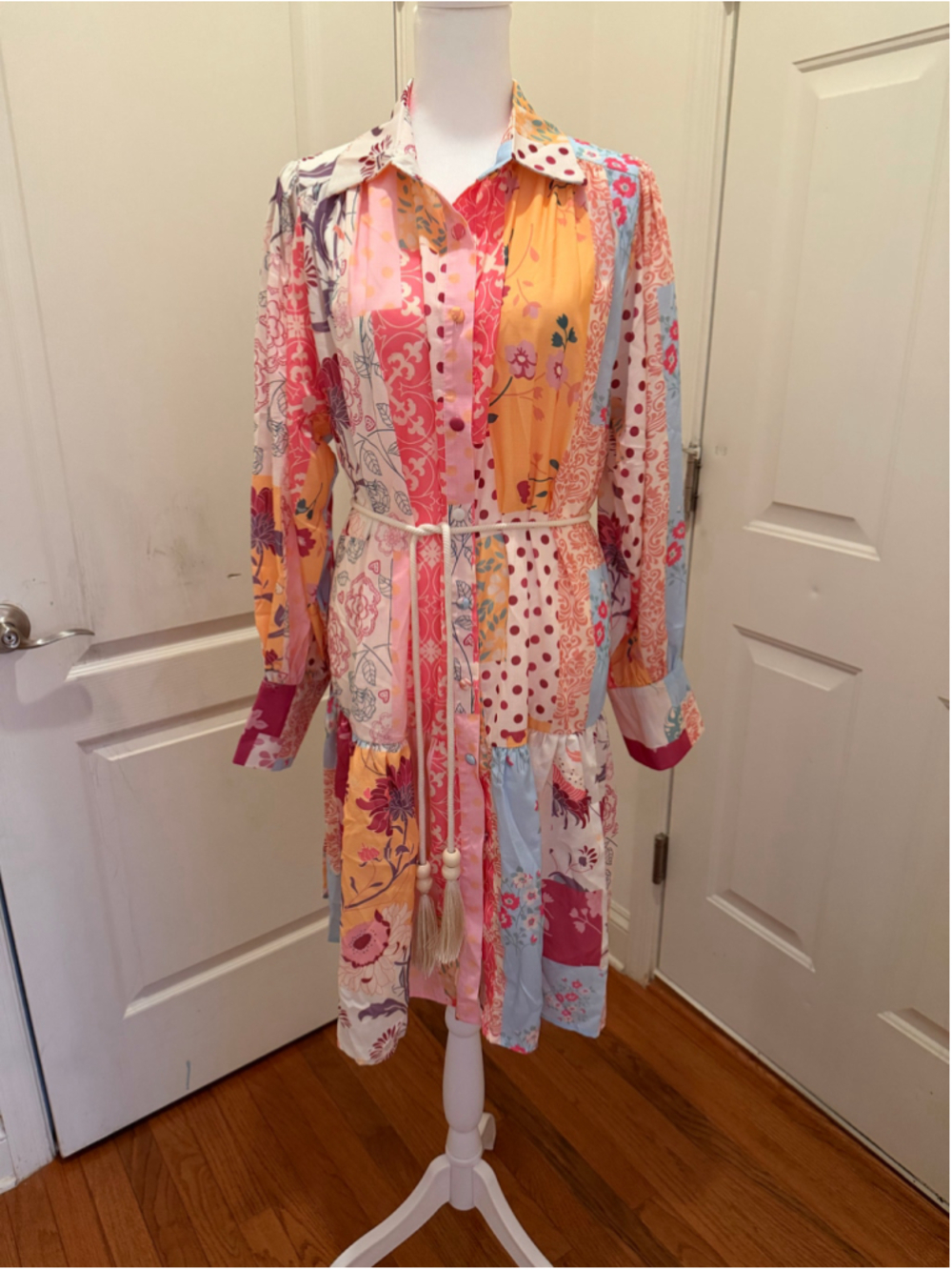 NWT Women's Patchwork Long Sleeve Dress, Size M, Pink and Orange size M